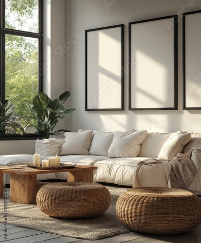 A cozy, modern living room featuring a white sofa, rustic wooden coffee table, and large windows letting in natural light.