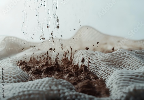 A detailed animation of dirt being washed away by water, with the focus on a white knitted fabric underneath. The background is white and light blue, creating an atmosphere of freshness. 