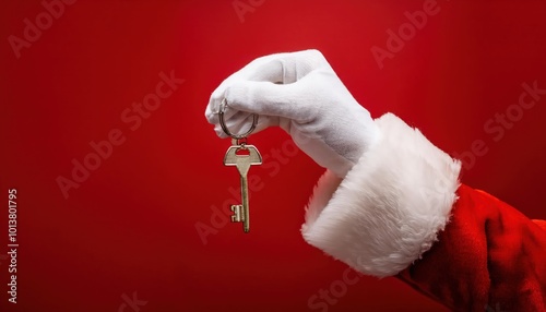 Santa's gloved hand holding a golden key on a red background.