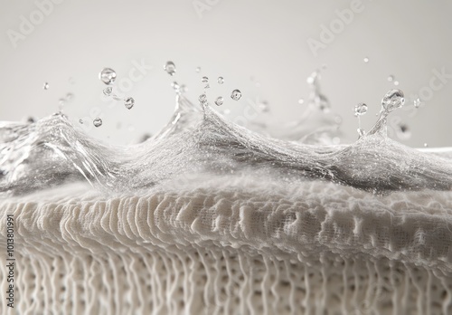 A detailed animation depicts an air cushion forming on top of the fabric, with dirt particles and water droplets suspended in mid-air above it. The scene is set against a white background