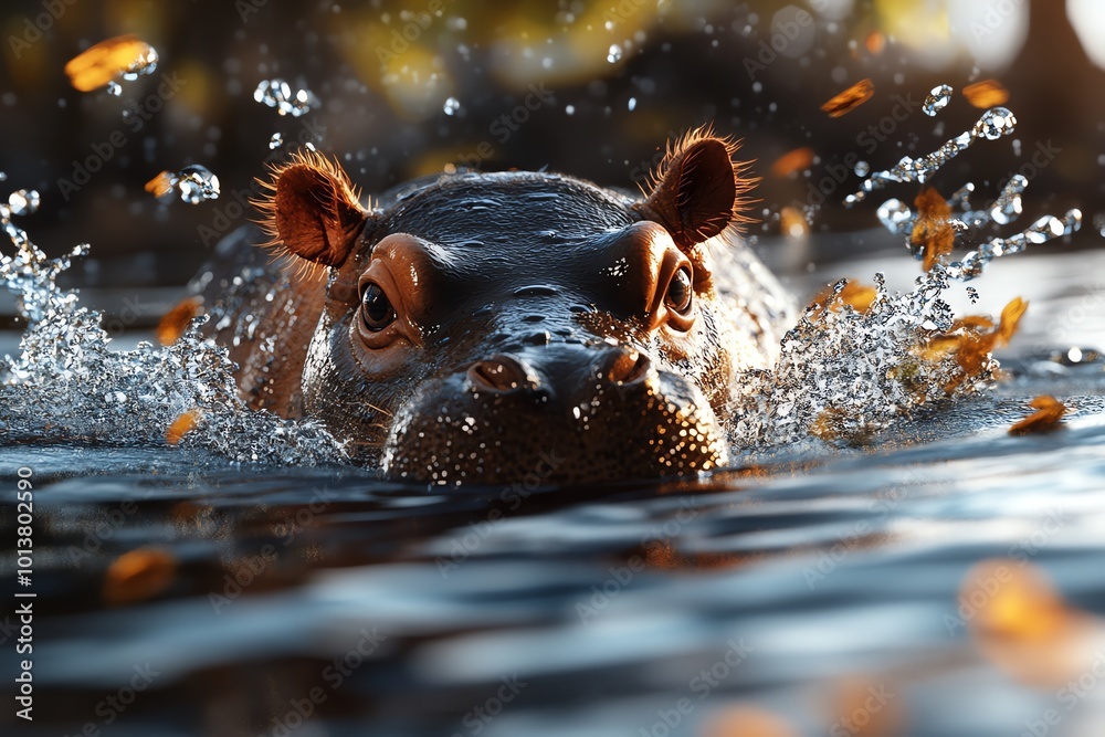 Fototapeta premium Digital 3D Pygmy Hippopotamus swimming, with water effects splashing around as it moves gracefully through a rendered river