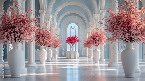 Serene interior space with tall columns blue walls and cherry blossom vases