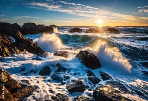 vibrant ocean waves crashing rugged rocky coastline under clear blue sky creating dynamic seascape coastal landscape, beach, rocks, water, clouds, foam, spray photo