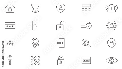 Home Security line icon set. Guard, cyber security, password, smart home, safety, data protection, key, shield, lock, unlock, eye, safety, data protection line icon set. UI thin line icon pack.