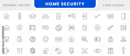 Home Security line icon set. Guard, cyber security, password, smart home, safety, data protection, key, shield, lock, unlock, eye, safety, data protection line icon set. UI thin line icon pack.