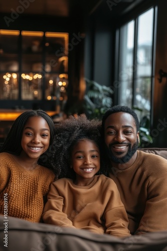 Happy family portrait of an African American father with two daughters, matching brown sweaters, sitting together in a cozy, warmly lit living room.