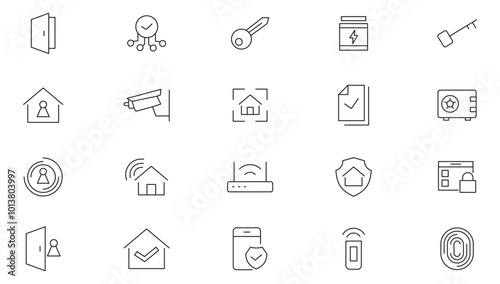 Home Security line icon set. Guard, cyber security, password, smart home, safety, data protection, key, shield, lock, unlock, eye, safety, data protection line icon set. UI thin line icon pack.