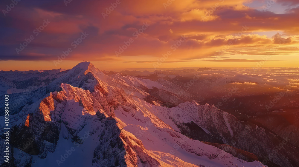A high-altitude drone shot of a mountain range at sunrise, with golden light illuminating the peaks and valleys A high-altitude drone shot of a mountain range at sunrise, with golden light illuminating the peaks and valleys