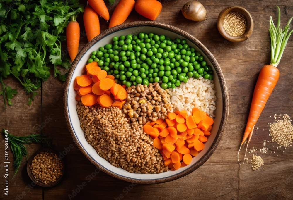 vibrant overhead view colorful bowl filled premium nutritious dog food ingredients such grains, vegetables, meat, nutrition, kibble, mix, meal, health, pet vibrant overhead view colorful bowl filled premium nutritious dog food ingredients such grains, vegetables, meat, nutrition, kibble, mix, meal, health, pet
