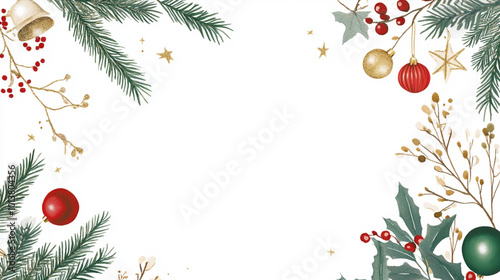 Beautiful watercolor Christmas frame adorned with festive greenery and red ornaments