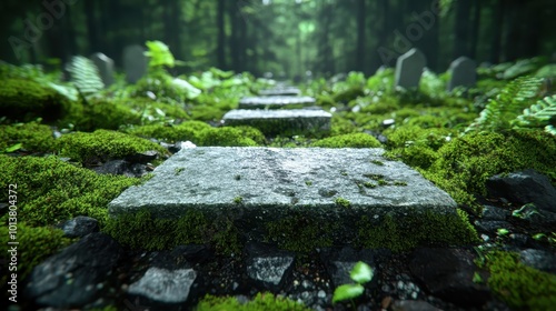A stone path densely covered in moss leads through a serene forest, juxtaposing soft green carpets of nature against the timeless solidity of stone. photo