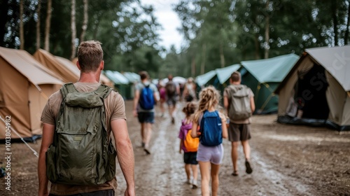 A group of campers walk between rows of tents in a forested campsite, conveying adventure and exploration amidst nature's tranquility on a summer day.