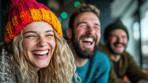 Three individuals sharing a candid moment of laughter indoors, showcasing vibrant winter fashion and knitted accessories, expressing warmth and happiness together.