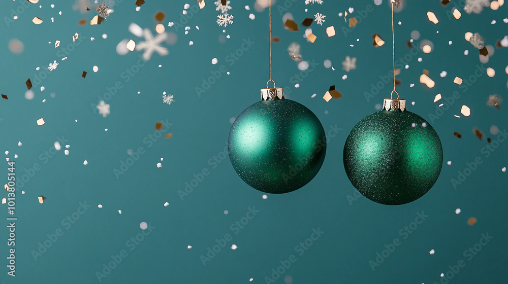 Elegant Christmas ornaments hanging against a beautiful teal background with sparkling lights