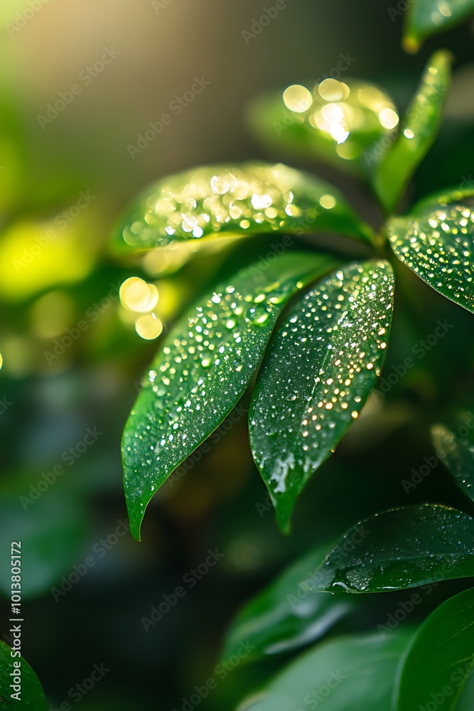 Close up of dew drops on green leaves, nature background. Close up of dew drops on green leaves, nature background.