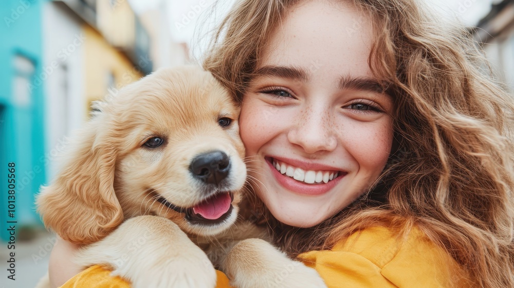 A young girl embracing a golden retriever puppy, both smiling, creating a heartwarming and cheerful image filled with warmth, innocence, and joy. A young girl embracing a golden retriever puppy, both smiling, creating a heartwarming and cheerful image filled with warmth, innocence, and joy.