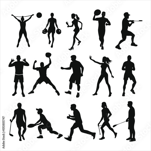 Black silhouettes of people exercising in various poses