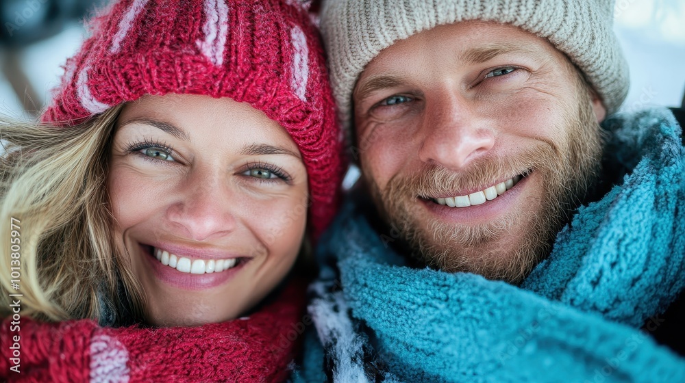 A happy couple dressed in winter clothes, smiling while closely huddled together, displaying warmth and companionship, with knitted hats and scarves in a snowy setting. A happy couple dressed in winter clothes, smiling while closely huddled together, displaying warmth and companionship, with knitted hats and scarves in a snowy setting.