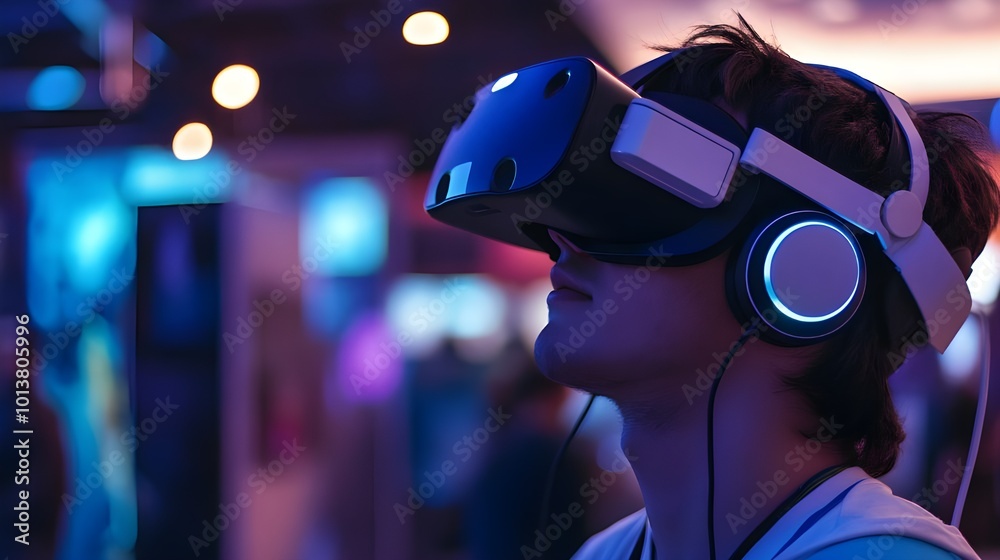  Person engaged in a VR experience with a futuristic headset, illustrating the growing popularity of virtual reality in entertainment.