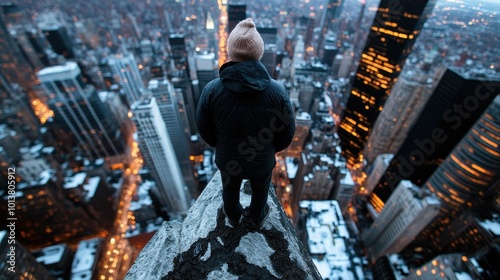 An adventurous individual stands on a rooftop, gazing over a bustling city at night, embracing solitude and introspection amid twinkling city lights below. photo