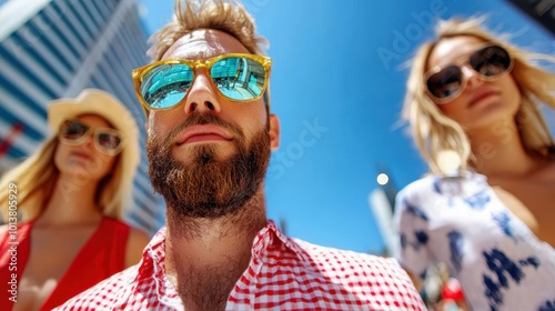 A stylish bearded man in reflective sunglasses, standing confidently amidst a vibrant urban environment, encapsulating the essence of a modern summer day. photo