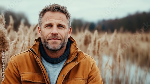 A mature man with light beard and grey hair is seen wearing a tan jacket while enjoying the quiet ambiance of a reed-filled field, under a softly cloudy sky. photo