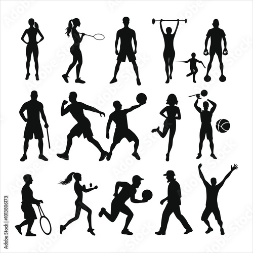 Black silhouettes of people exercising in various poses