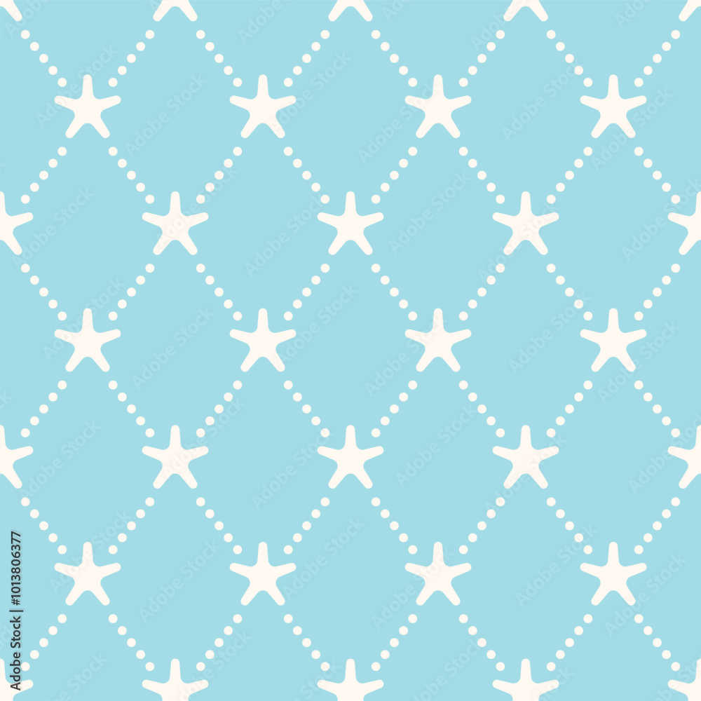 Fototapeta premium Pastel Blue Starfish Net Adorable Nautical Geometric Minimal Seamless Vector Repeat Pattern