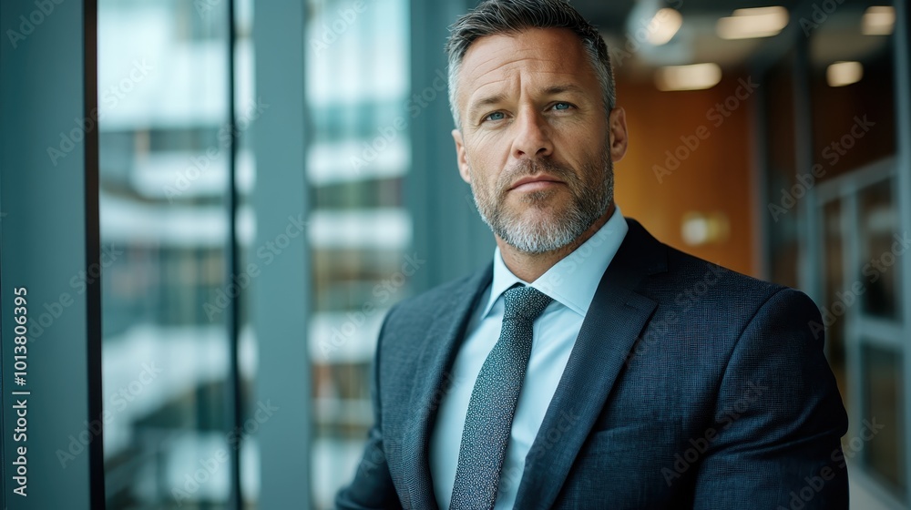 A confident man in a tailored suit stands in an office hallway, gazing outward with a contemplative expression, exuding professionalism and leadership qualities. A confident man in a tailored suit stands in an office hallway, gazing outward with a contemplative expression, exuding professionalism and leadership qualities.