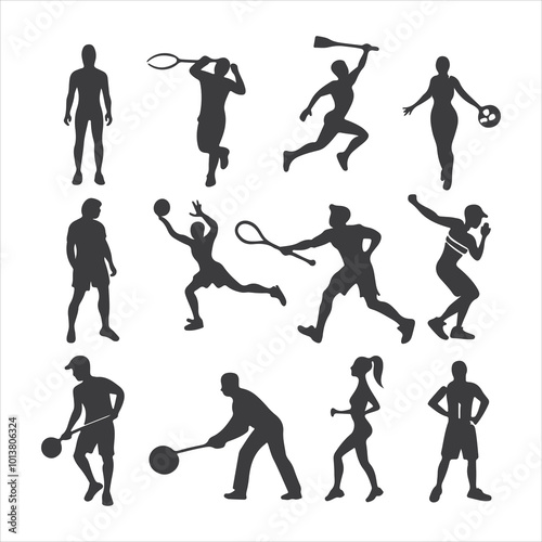 Black silhouettes of people exercising in various poses