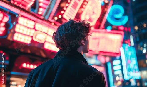 Silhouetted man looking at bright neon signs.