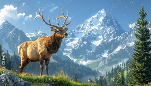 Majestic elk in alpine meadow with mountain backdrop 