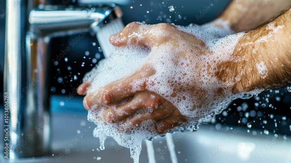 Fototapeta premium An image capturing hands being washed under a running faucet, creating abundant soap bubbles, signifying hygiene and cleanliness through a refreshing perspective.