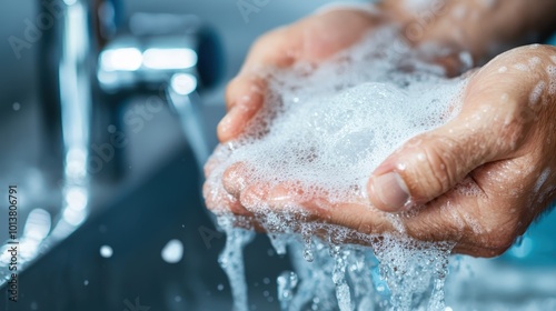 Hands under a running sink tap, with water and soap flowing richly, highlighting the necessity for good personal hygiene through a detailed, flowing composition.