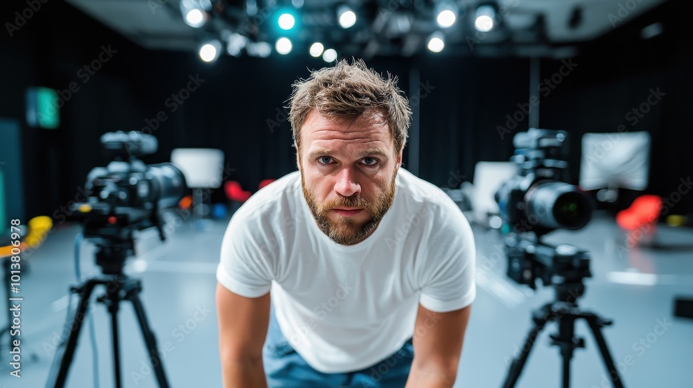 A man in a white shirt leans intensely into the camera lens amidst a studio setup, embodying determination and the essence of professional video production. A man in a white shirt leans intensely into the camera lens amidst a studio setup, embodying determination and the essence of professional video production.