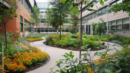 Fototapeta Naklejka Na Ścianę i Meble -  A hospital courtyard with a restorative garden designed to reduce stress, featuring natural elements and green spaces
