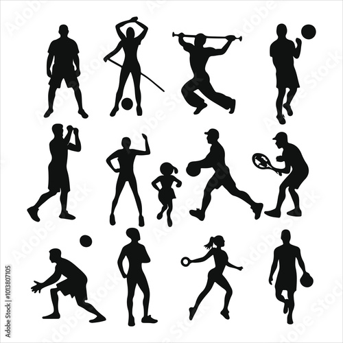 Black silhouettes of people exercising in various poses