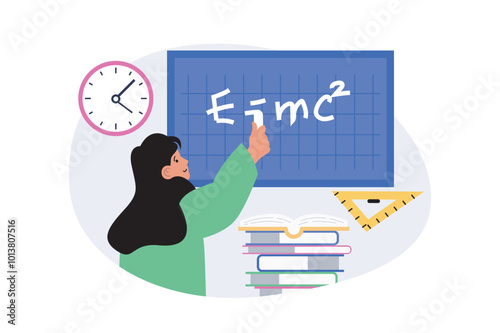 Education concept in modern flat design for web. Woman explaining physics at lesson in school, writing formula at blackboard. Student answering in classroom, getting knowledges. Vector illustration.