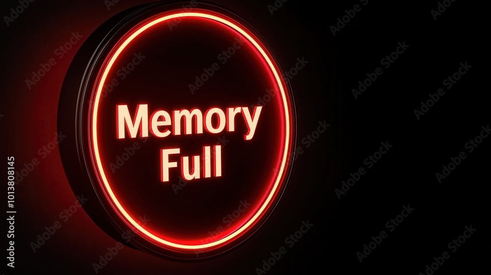 Fototapeta premium Neon sign displaying 'Memory Full' on a dark background.