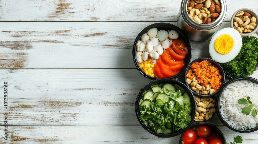 A variety of healthy food ingredients in small containers on a white wooden background.