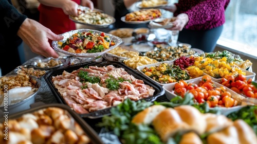 A vibrant and colorful buffet spread featuring an array of meats, fresh vegetables, and diverse dishes, offering a joyful dining experience for gatherings and celebrations. photo