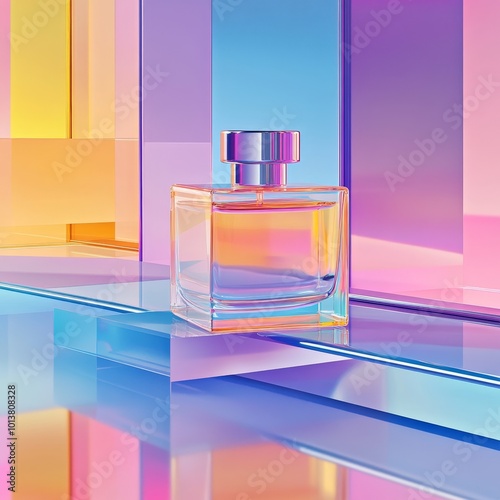 Perfume bottle on colorful background. Vector illustration. Eps 10. photo