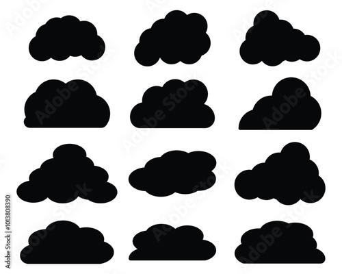 Cloud icons, vector, logo design. Silhouette of cloud set. Black cloud collection isolated on white background. Set of cartoon cloud in a flat design. Vector illustration.