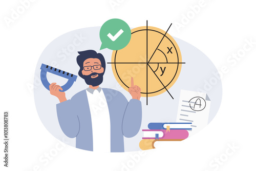Education concept in modern flat design for web. Man with ruler working as teacher and explaining geometry lesson in class, solving math problems with students at training. Vector illustration.