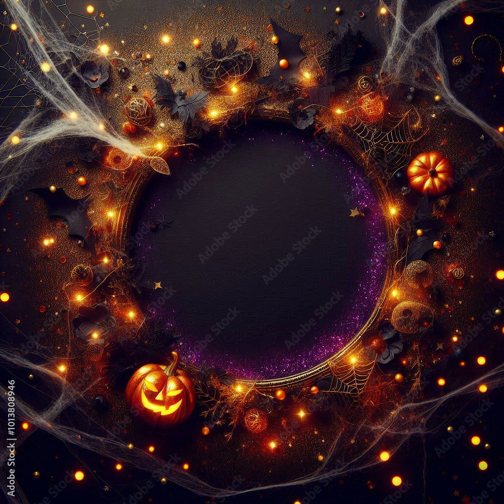 Fototapeta premium round dark purple frame with an eerie glowing glitter. Halloween card. Orange confetti and deep black background