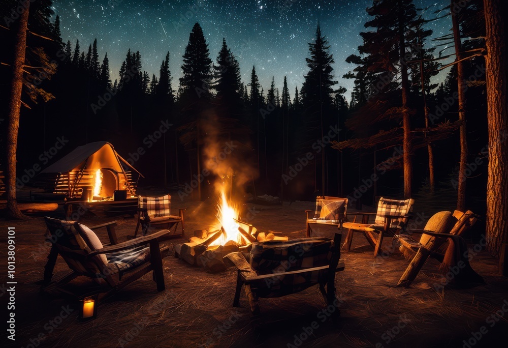 Fototapeta premium inviting cozy campfire setup featuring glowing rustic warm flickering lights under starry sky, bonfire, firepit, flames, embers, warmth, relaxation