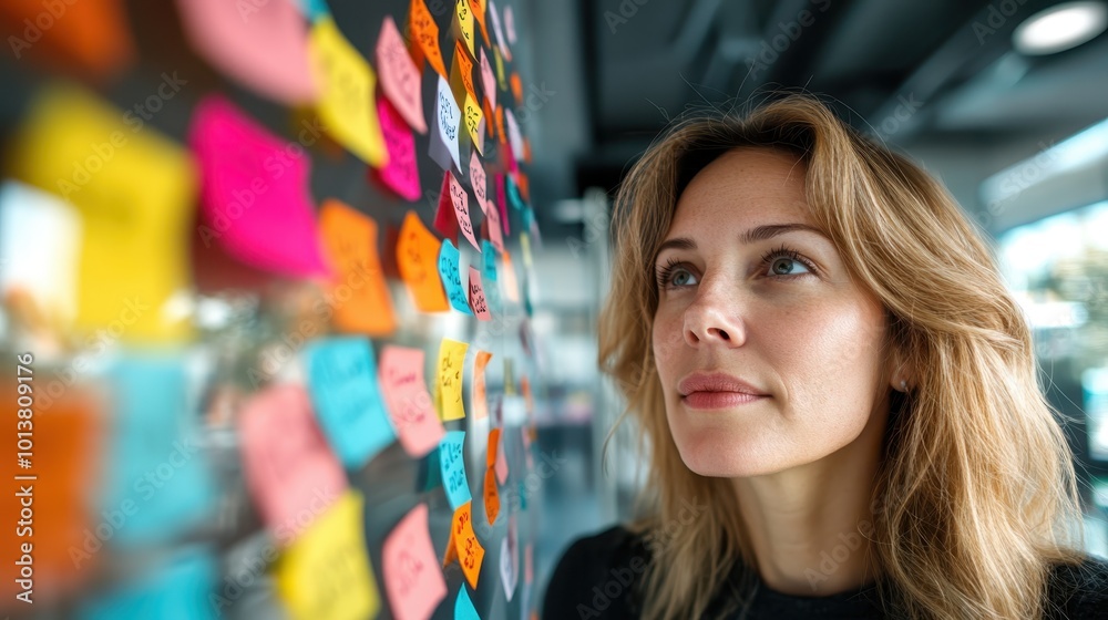 A focused woman intently observes a wall full of vibrant sticky notes, conveying themes of creativity, organization, and strategic thinking in a modern workspace. A focused woman intently observes a wall full of vibrant sticky notes, conveying themes of creativity, organization, and strategic thinking in a modern workspace.