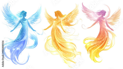 Christmas Angels with Flowy Robes and Soft Glows, Simple Vector, PNG File with Transparent Background