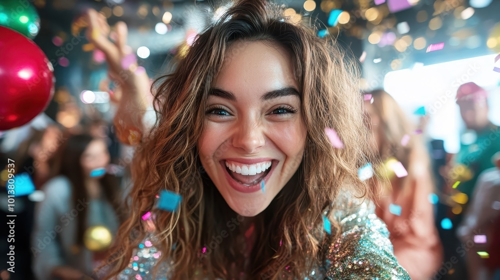 A young woman is joyously celebrating, surrounded by flying confetti in a sparkling venue, her bright smile and the cheerful ambiance evoke happiness and festivity. A young woman is joyously celebrating, surrounded by flying confetti in a sparkling venue, her bright smile and the cheerful ambiance evoke happiness and festivity.
