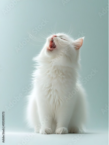 Feisty and alarmed pure white cat with hackles raised ears pricked forward and mouth open in a hissing snarl against a clear backdrop displaying a playful yet energetic demeanor